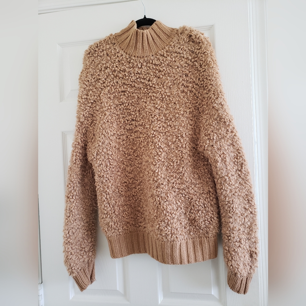 Express Womens sz M High Neck Tan Bobble Textured Ribbed Hem Sweater